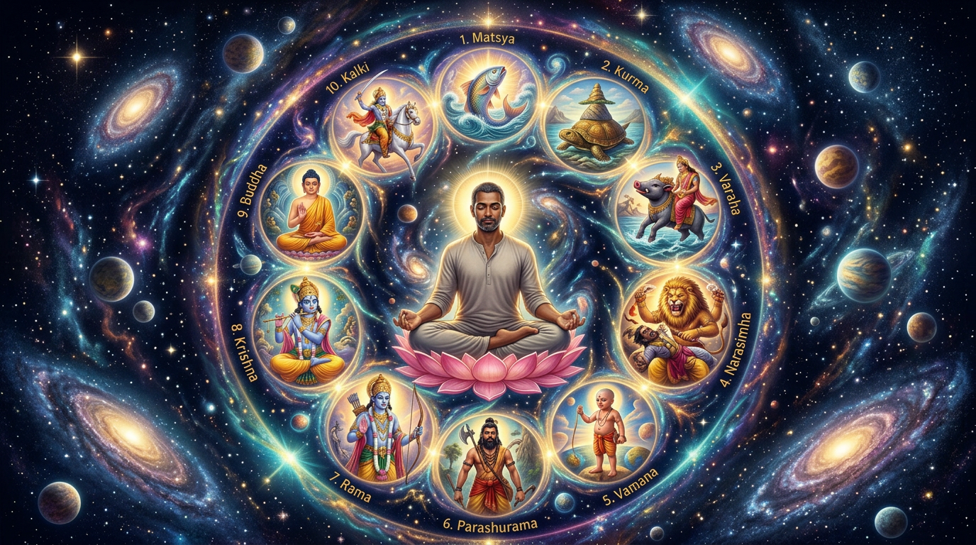 Illustration showing the ten avatars of Vishnu in a spiral galaxy with cosmic background